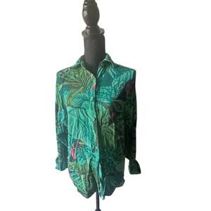 Linda Allard Ellen Tracy Tropical Print Button Down Shirt Toucan & Green Leaves